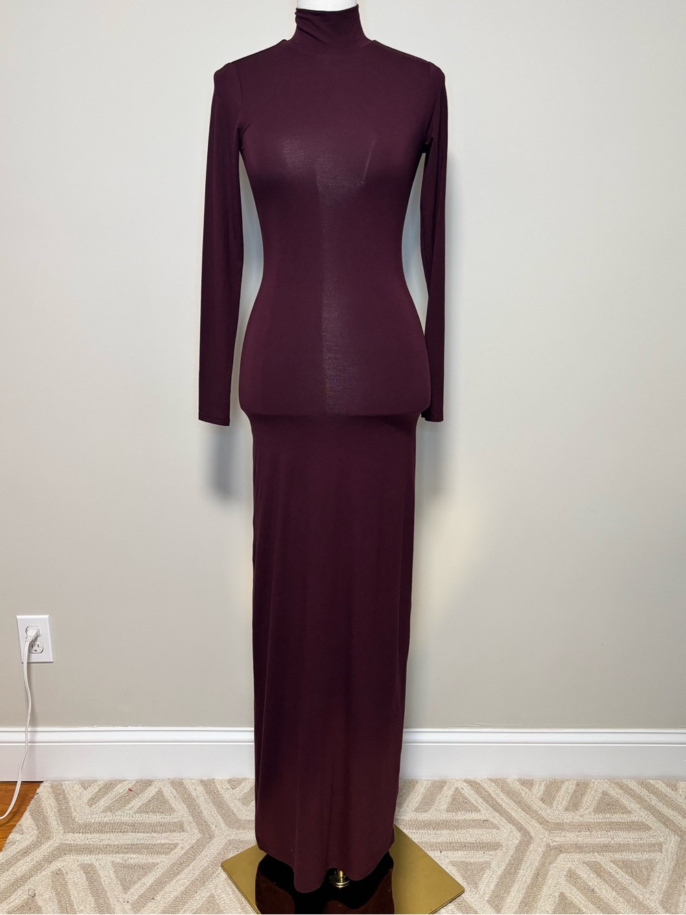 Naked Wardrobe Burgundy Mock Neck Long Sleeve Bodycon Maxi Dress XS
